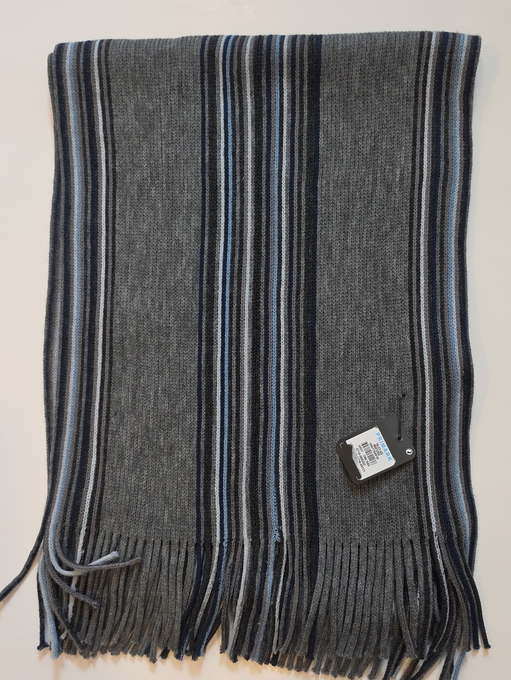 NWT Primark Gray Knit Scarf with Blue and Black Stripes